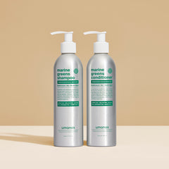 A pair of refillable and eco-friendly bottles full of Umanos marine greens shampoo and conditioner.  All natural ingredients in sustainable bottles.